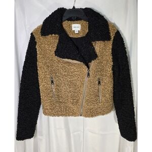 Nine West Sherpa Bomber Jacket Size XS Zipper Closure Warm Stylish Tan Black